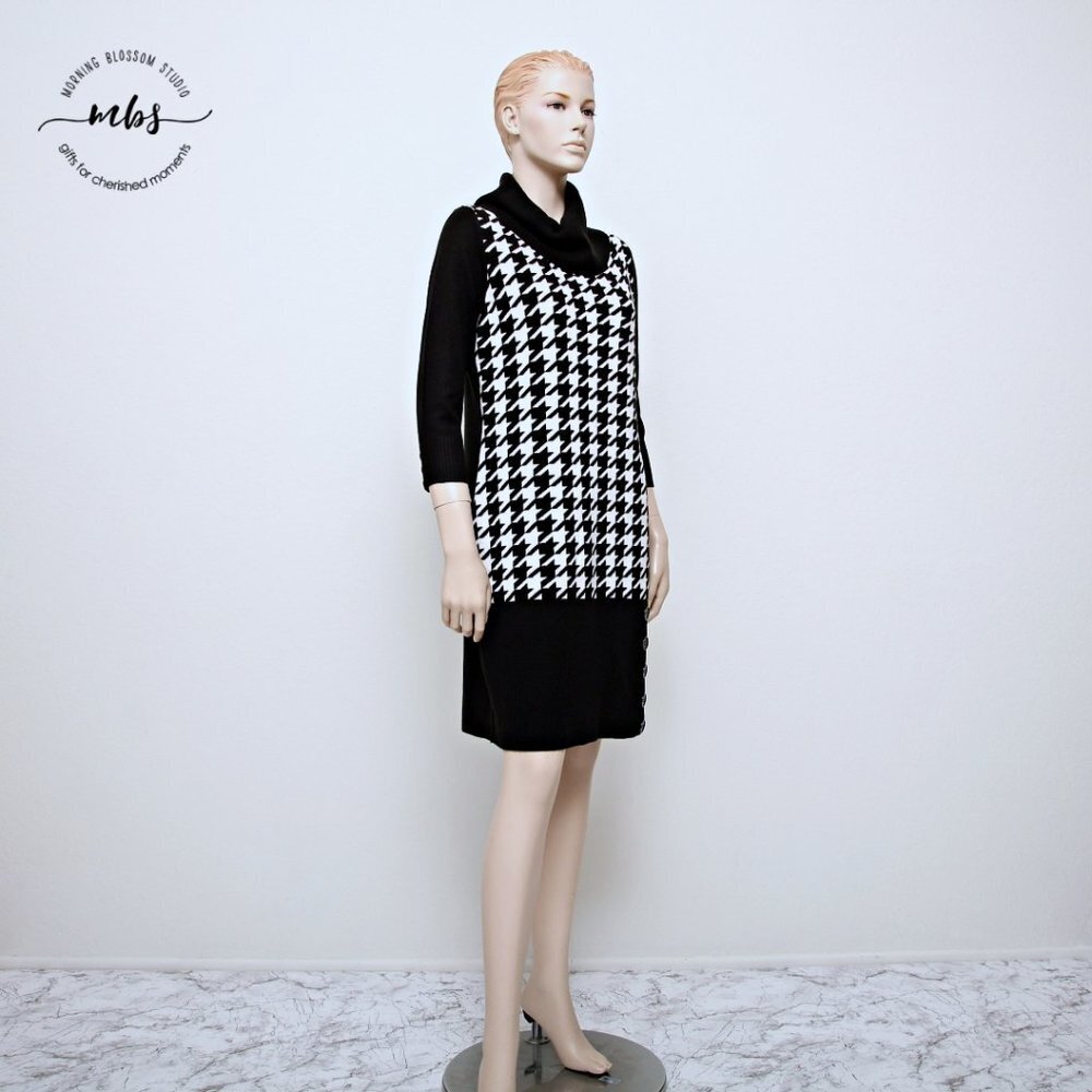 NWT Sandra Darren Houndstooth Turtleneck Sweater Dress Retro Black White Women L
